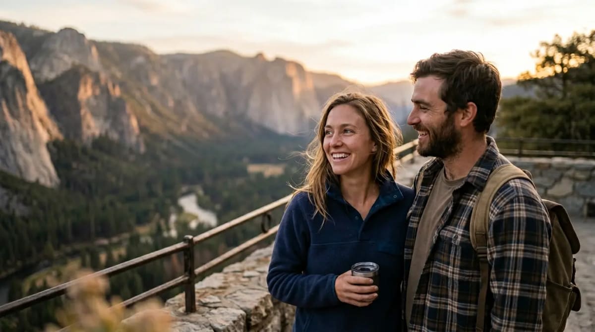 Traveler reflecting on pros and cons at scenic mountain-view terrace
