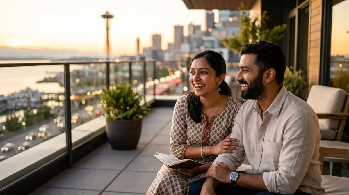 American family group enjoying card companion fare and free bags on luxury hotel balcony