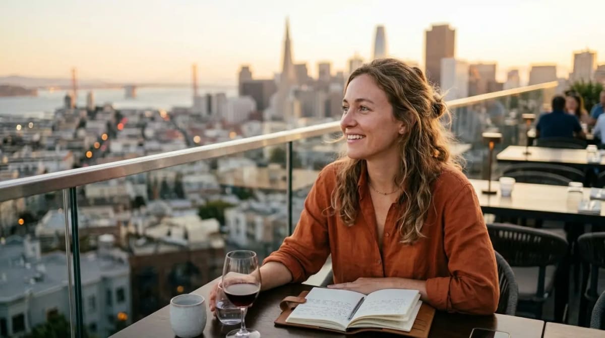 American couple evaluating winner-by-profile matrix at upscale rooftop restaurant