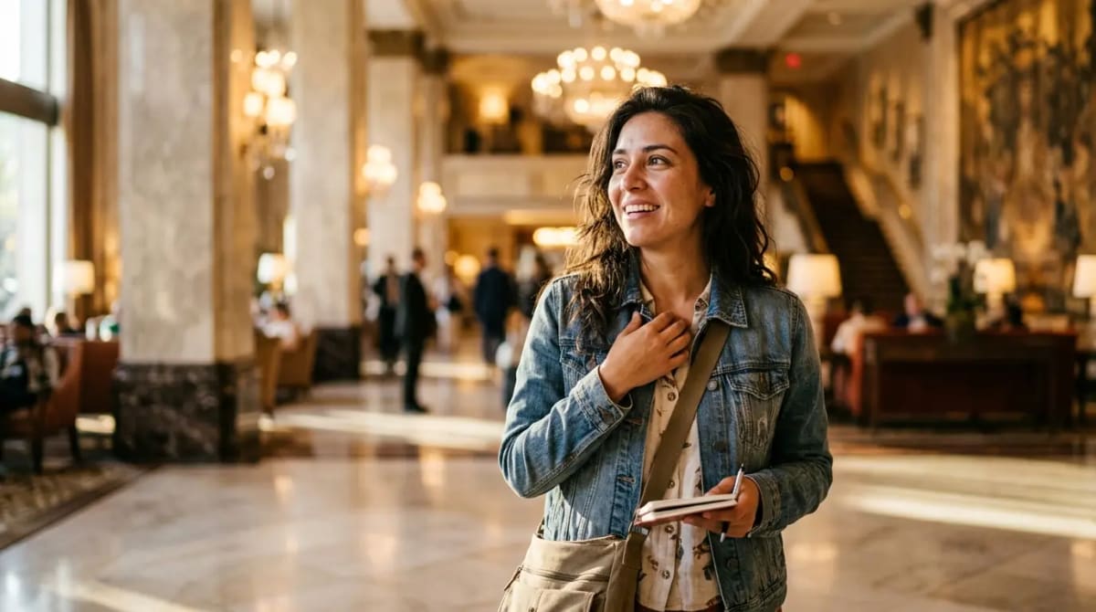 Traveler realizing unified Atmos Rewards loyalty program benefits in five-star hotel lobby