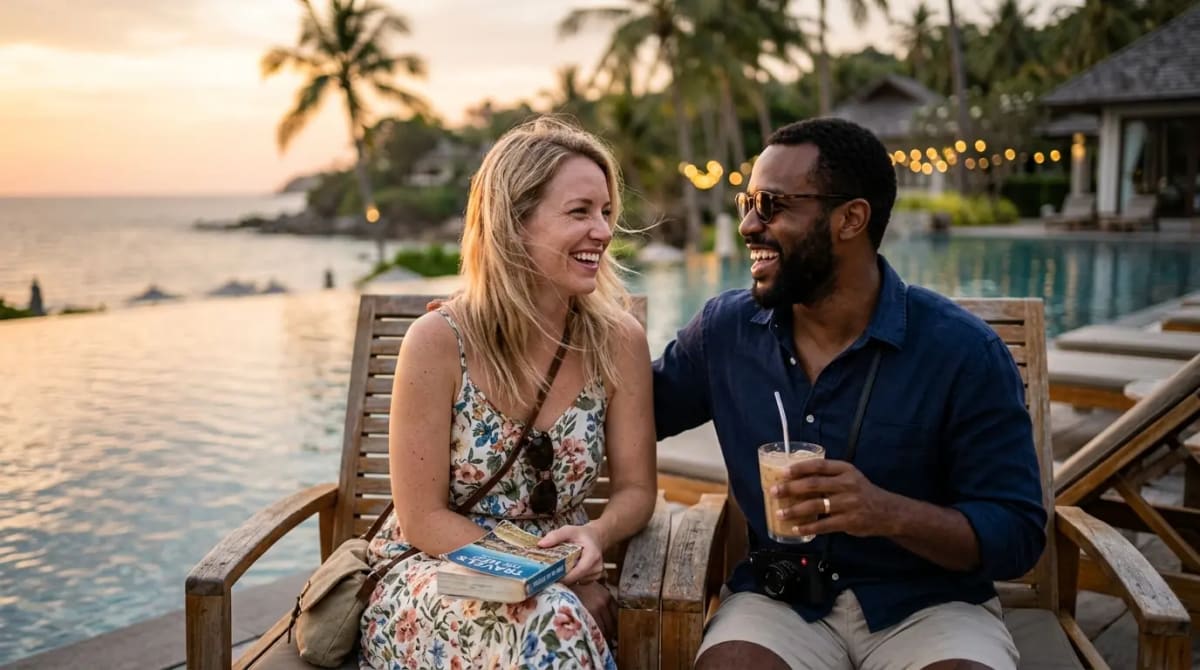 Couple enjoying 5th night free at luxury resort pool