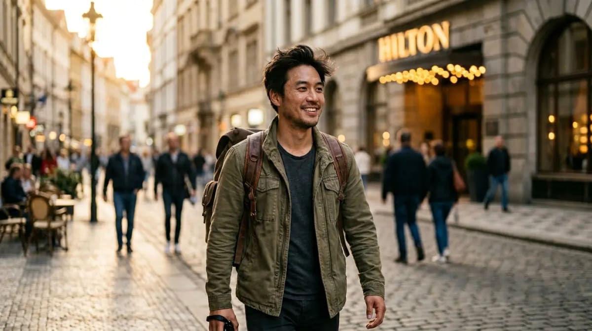 Traveler satisfied with Hilton Honors free night rewards in golden hour city setting