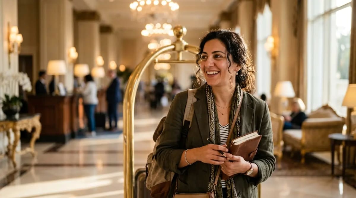 Traveler experiencing elite benefits in five-star hotel lobby