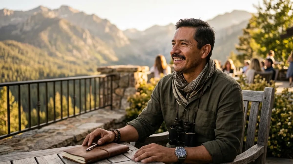 Traveler reflecting on high value Hilton Honors redemptions on mountain terrace