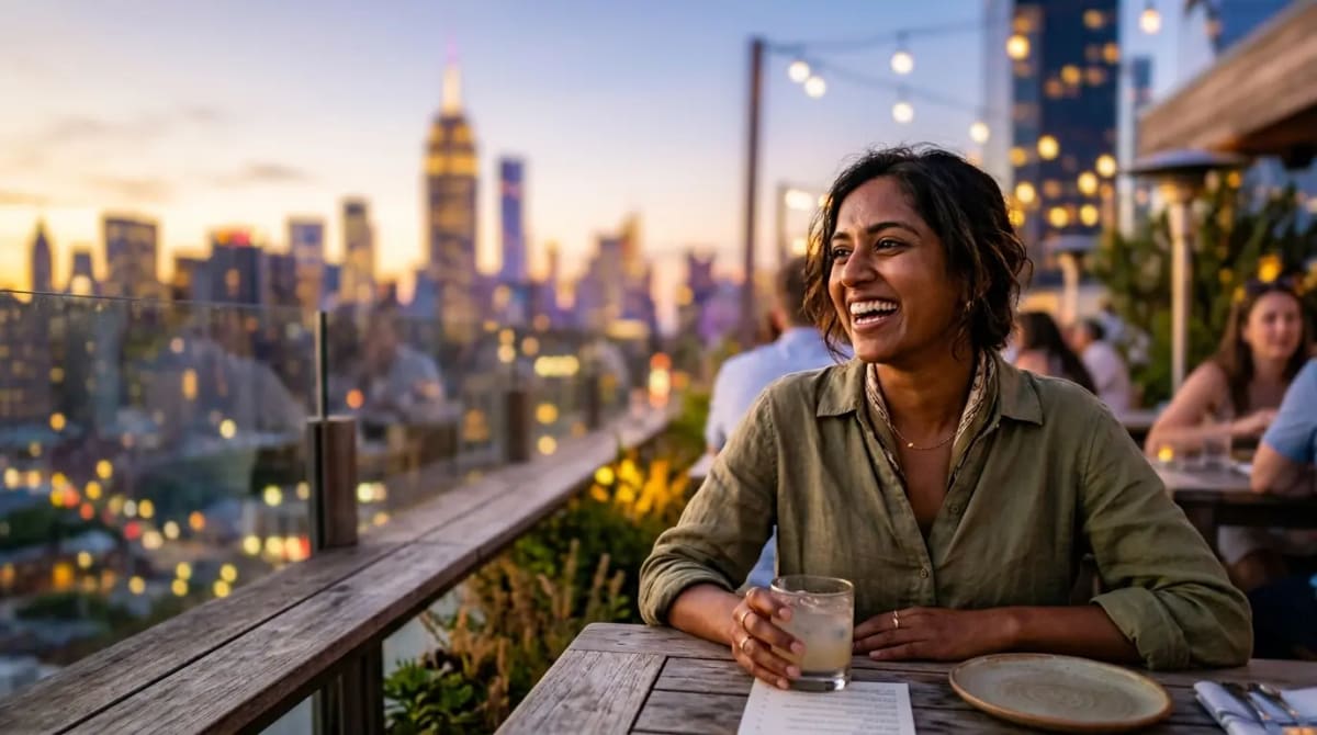 Traveler using flexible Points & Money strategy at rooftop restaurant