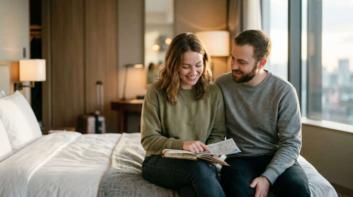 American couple reviewing 2026 World of Hyatt updates in first-class airplane cabin