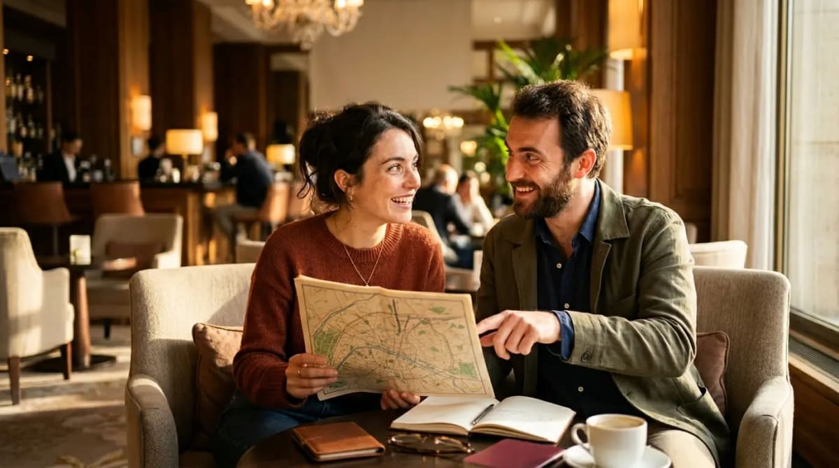 American couple exploring base point earning rates and tiered bonuses in premium airport lounge