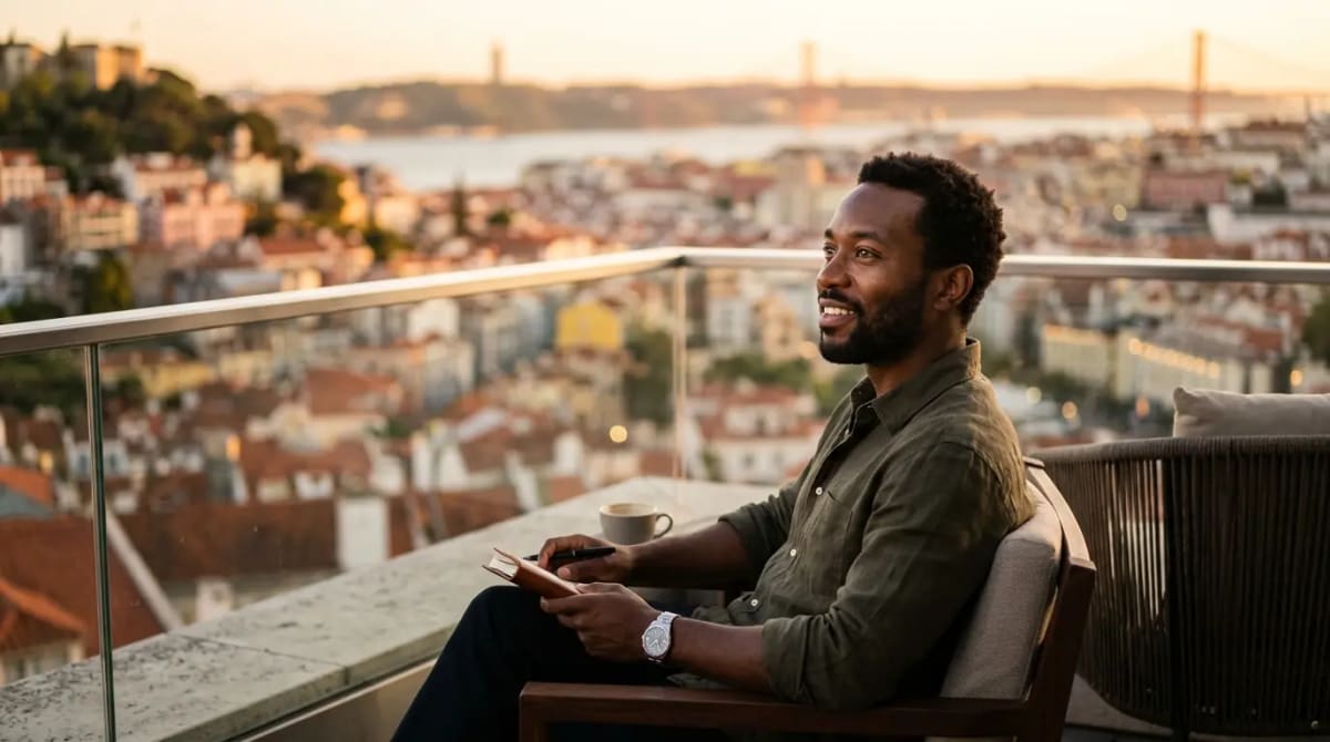Traveler experiencing Discoverist entry-level elite status perks on luxury hotel suite balcony