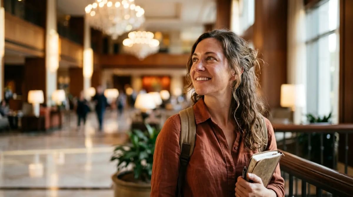 Traveler realizing World of Hyatt 2026 qualification requirements and credit card acceleration in five-star hotel lobby