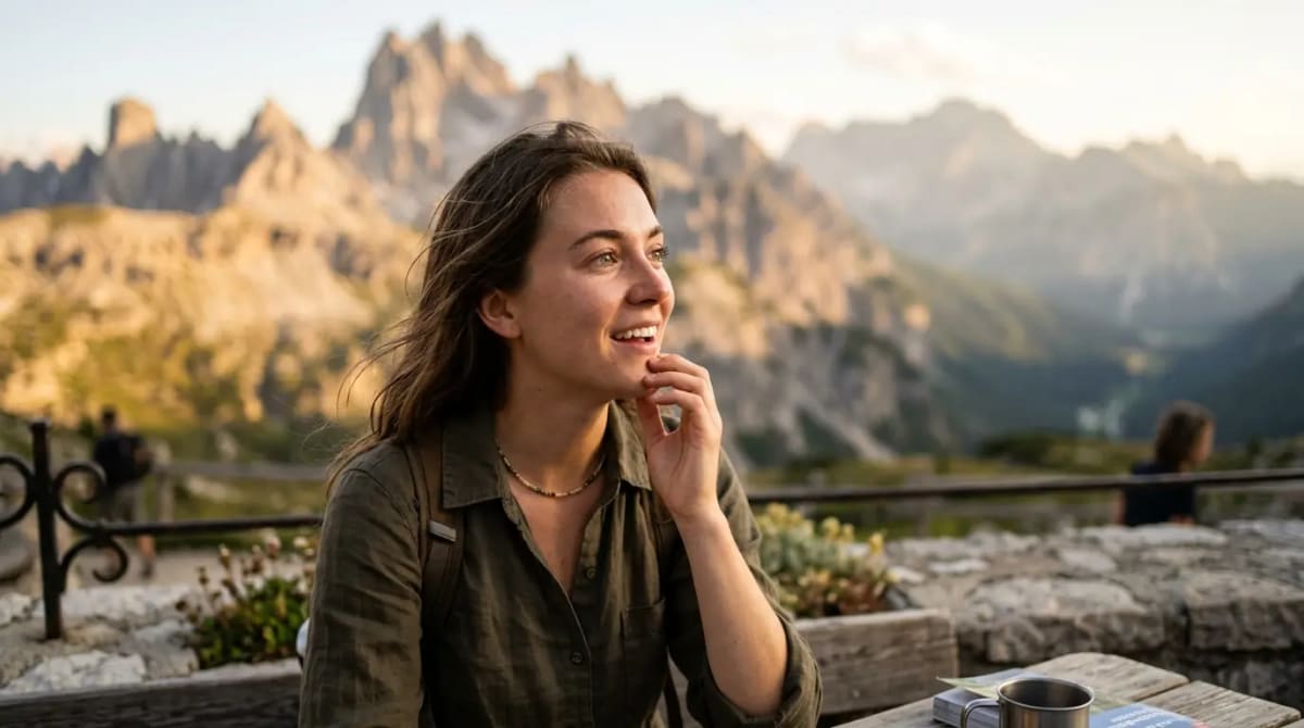 Traveler celebrating Milestone Rewards Hyatt extra value at scenic mountain-view terrace