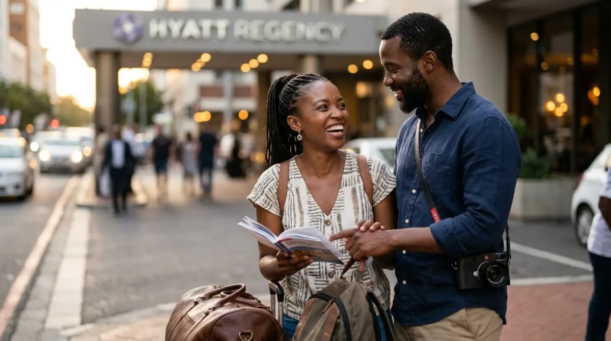 American family group evaluating World of Hyatt 2026 winner-by-profile matrix in private jet terminal