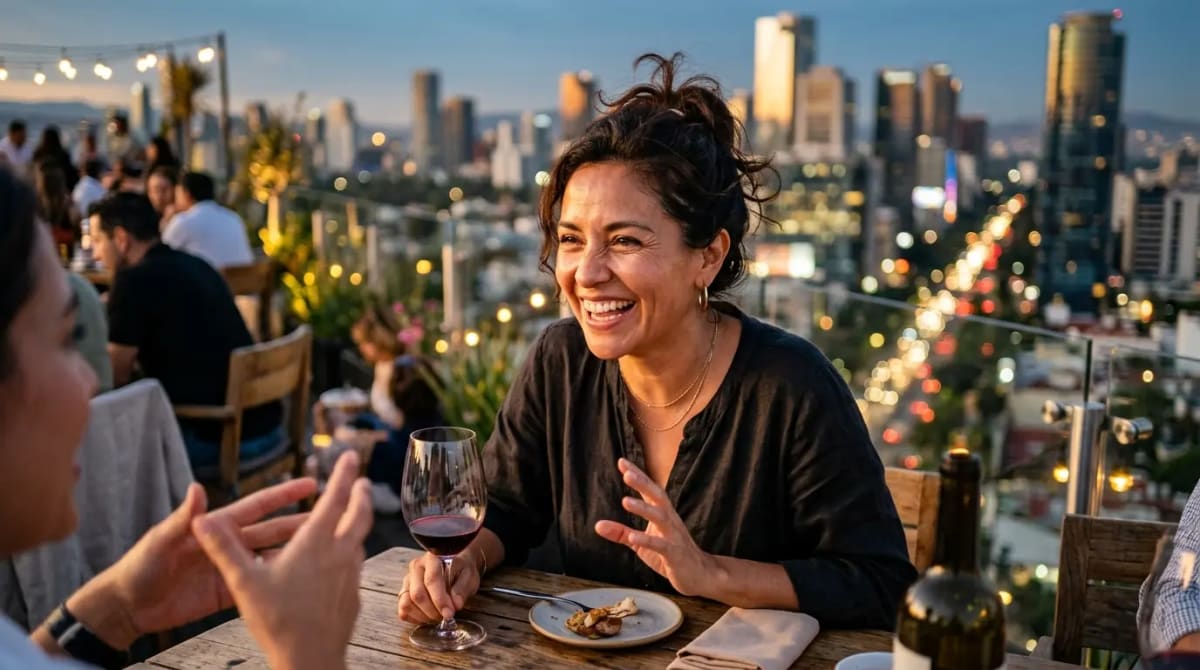 American traveler enjoying upscale rooftop dining for Amex Gold statement credits