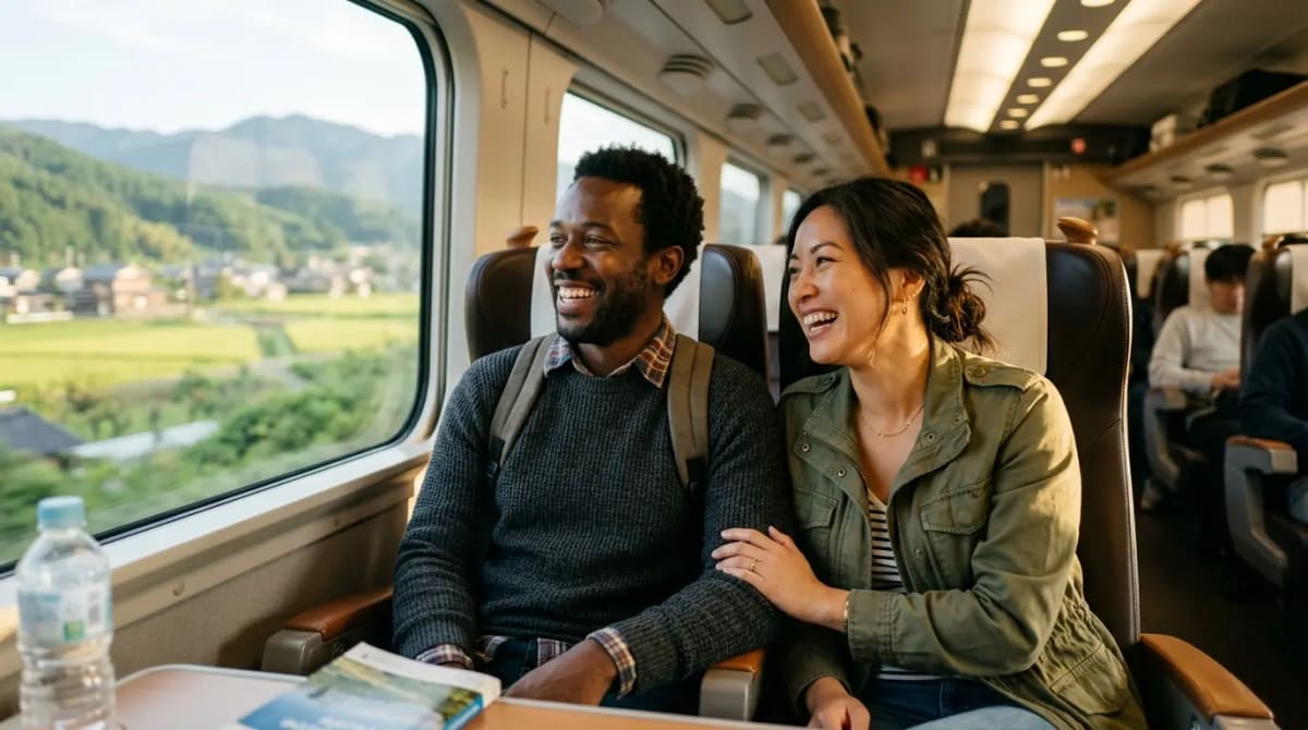 American traveler earning rewards on high-speed train journey