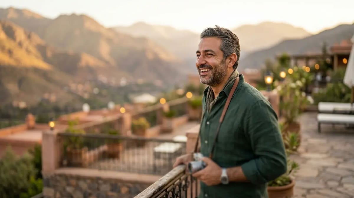 American traveler enjoying scenic mountain terrace for points redemption