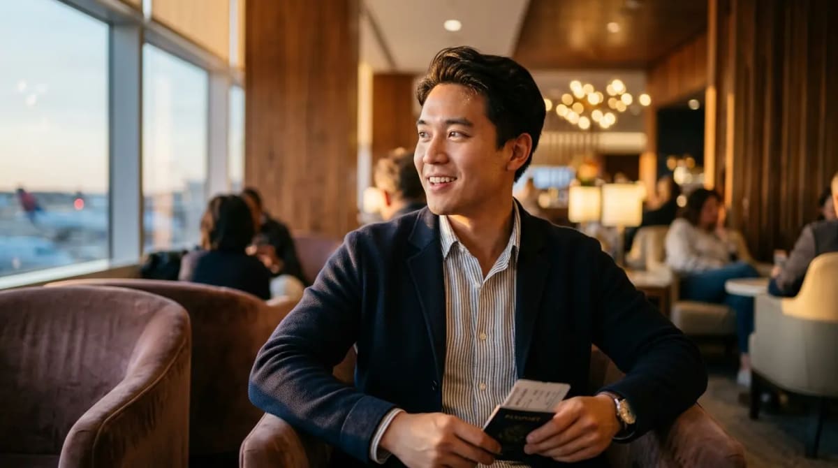 Relaxed American traveler in premium airport lounge during Amex Gold vs Chase Sapphire Preferred specs review