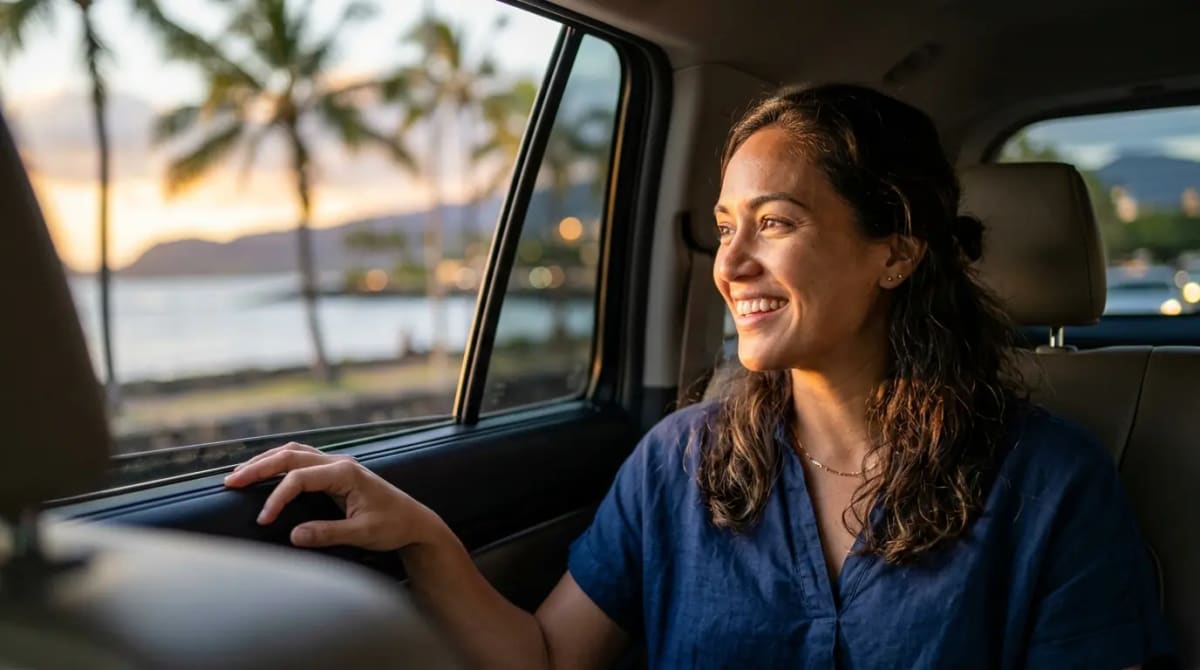 Confident American traveler arriving at luxury hotel with travel protections