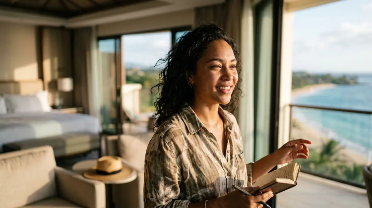 American traveler calculating travel value in resort suite