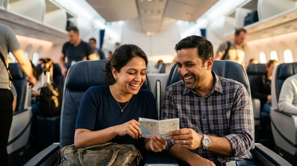 Excited American traveler in business class cabin celebrating welcome bonus