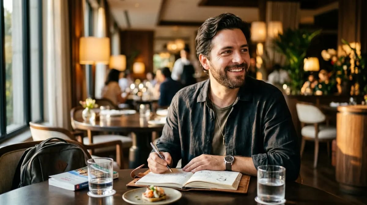 Food-focused American traveler in elegant hotel dining area