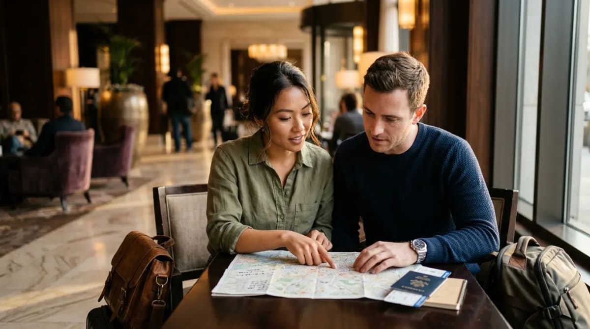 Travel-heavy American traveler in luxury hotel lobby