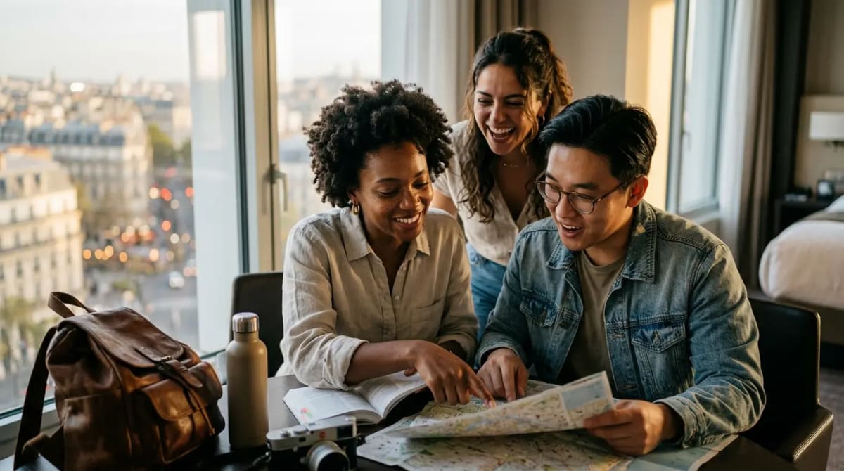 Diverse American couple comparing travel cards in luxury hotel suite