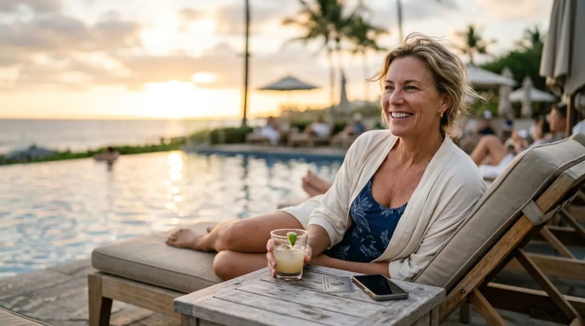Traveler enjoying statement credits relaxing poolside at luxury resort