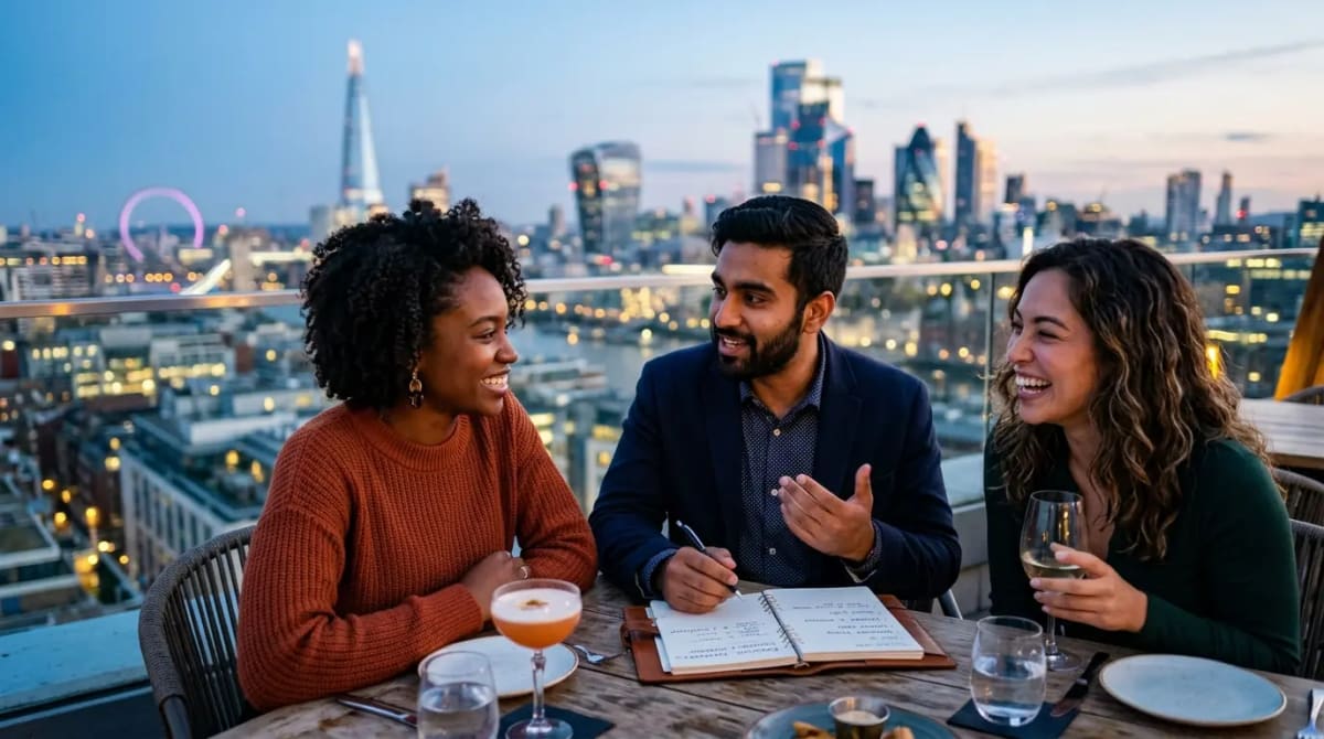 Friends discussing first time Amex Platinum strategies at rooftop restaurant