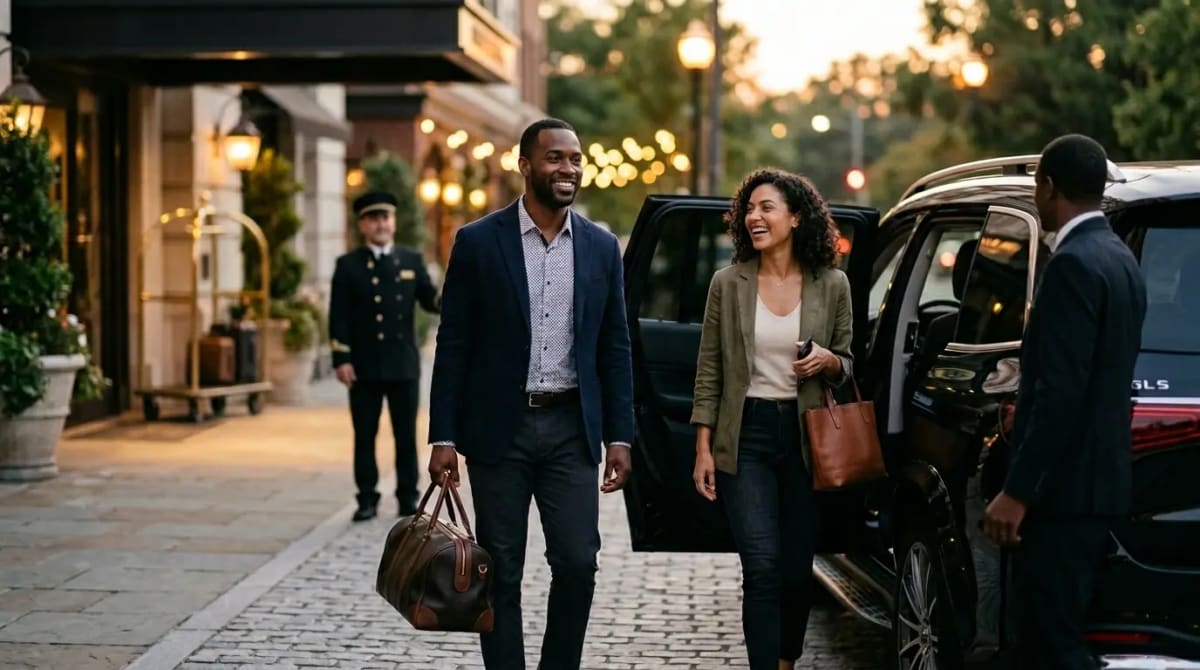 Diverse travelers concluding premium journey via luxury car service
