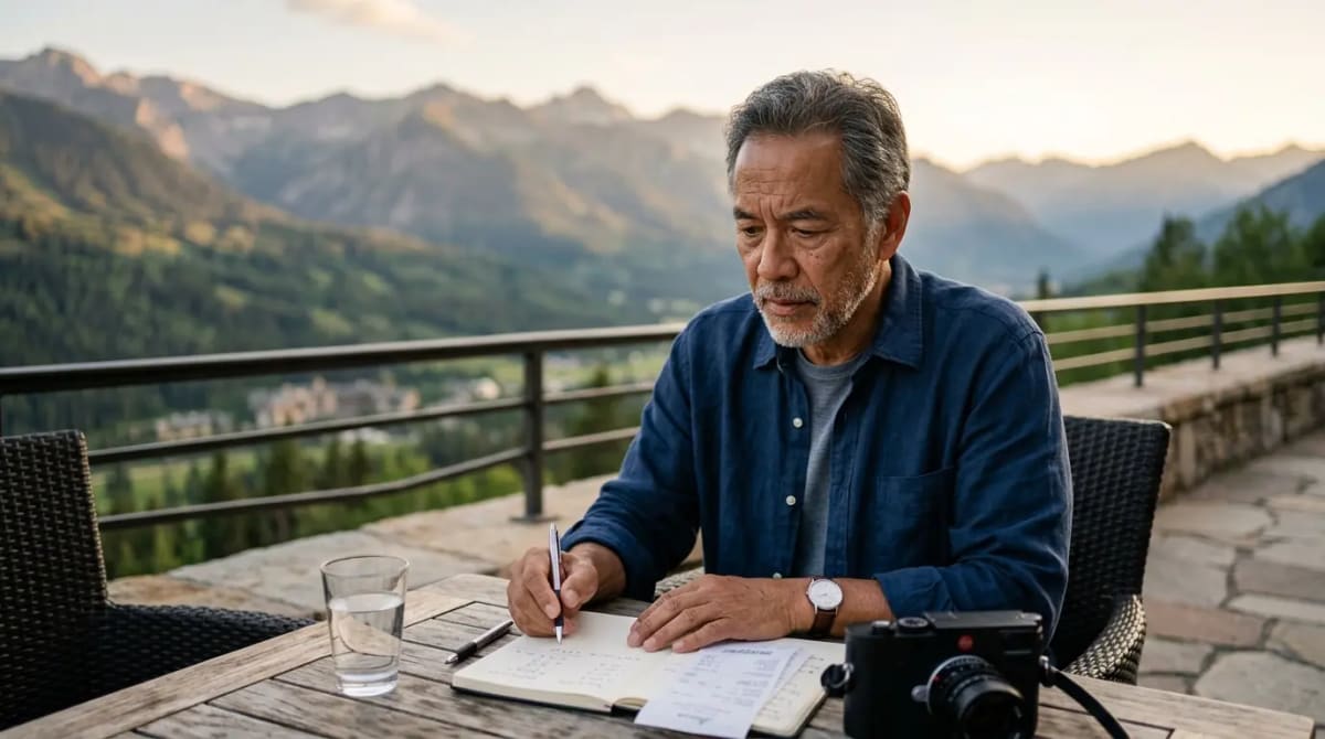 Reflective traveler evaluating pitfalls on scenic mountain terrace