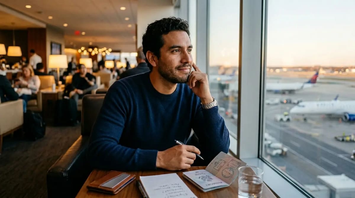 Thoughtful traveler considering eligibility in premium airport lounge