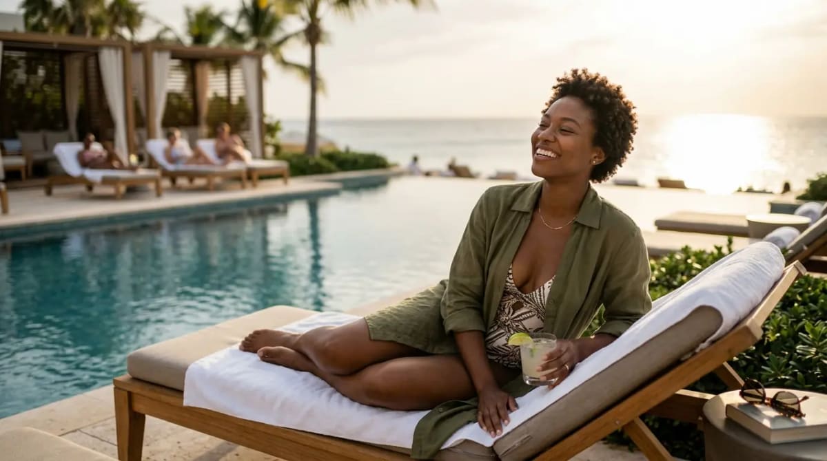 Woman relaxing poolside at luxury resort experiencing premium perks