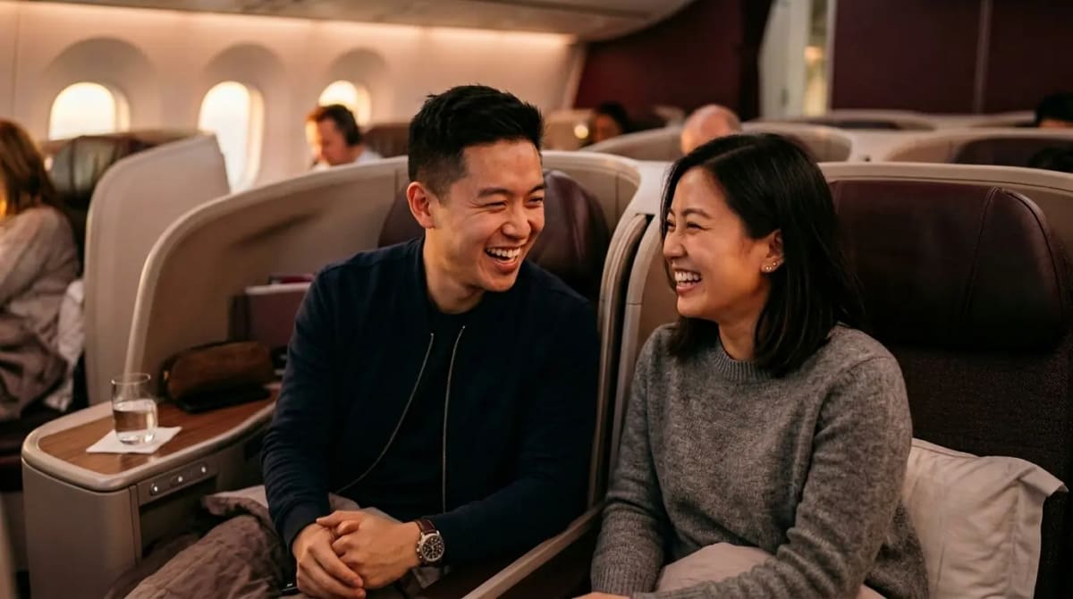 Couple celebrating welcome bonus in business class cabin
