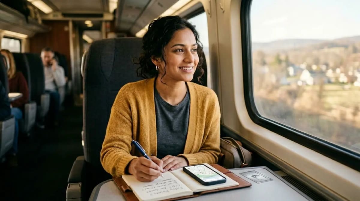 Young traveler considering entry level options on high-speed train