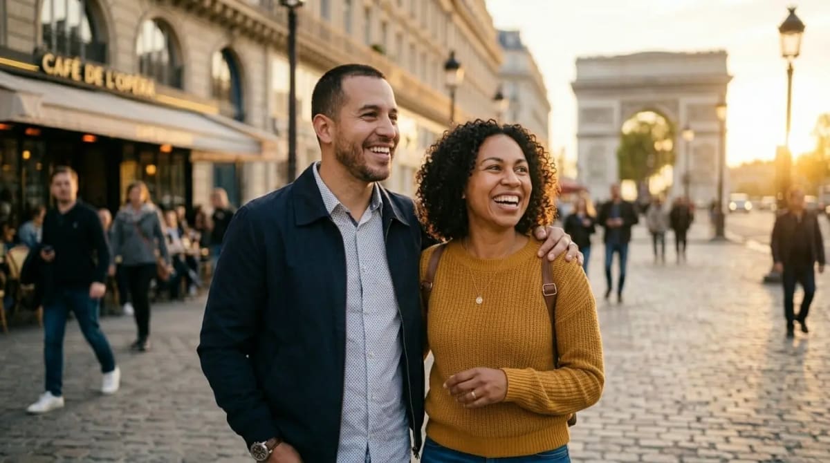 Couple making Amex Platinum decision on golden hour city street