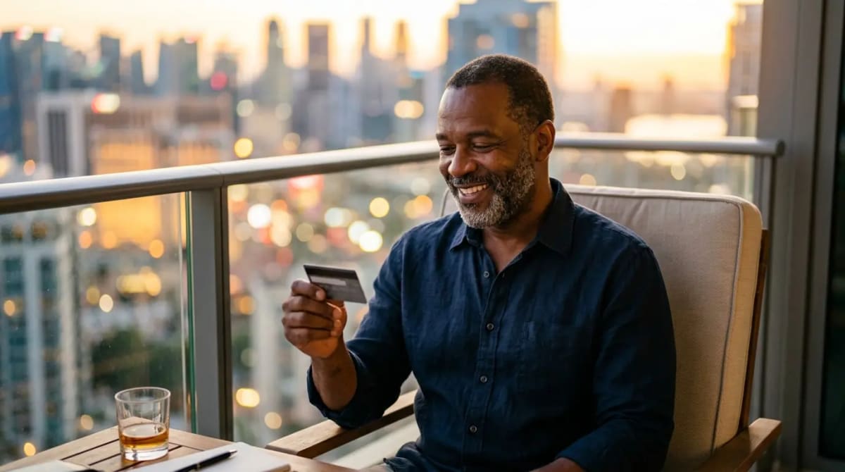 Traveler relaxing in luxurious hotel suite appreciating premium benefits