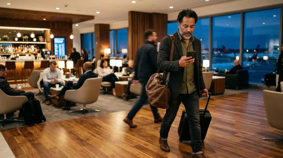 Traveler reviewing Venture X 2026 updates in premium airport lounge