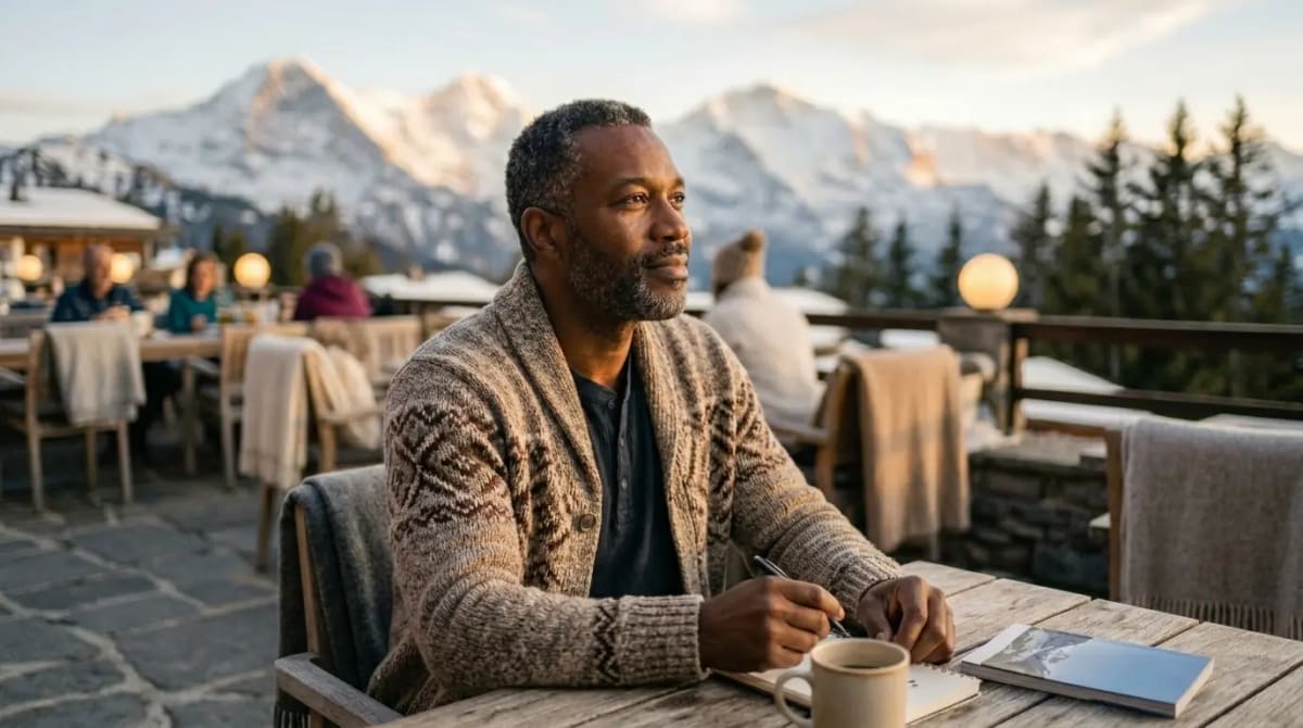 Traveler enjoying Venture X annual credits on mountain-view terrace