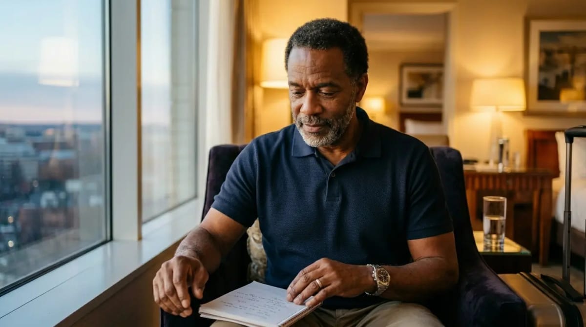 Traveler reviewing Venture X card basics in luxury hotel suite
