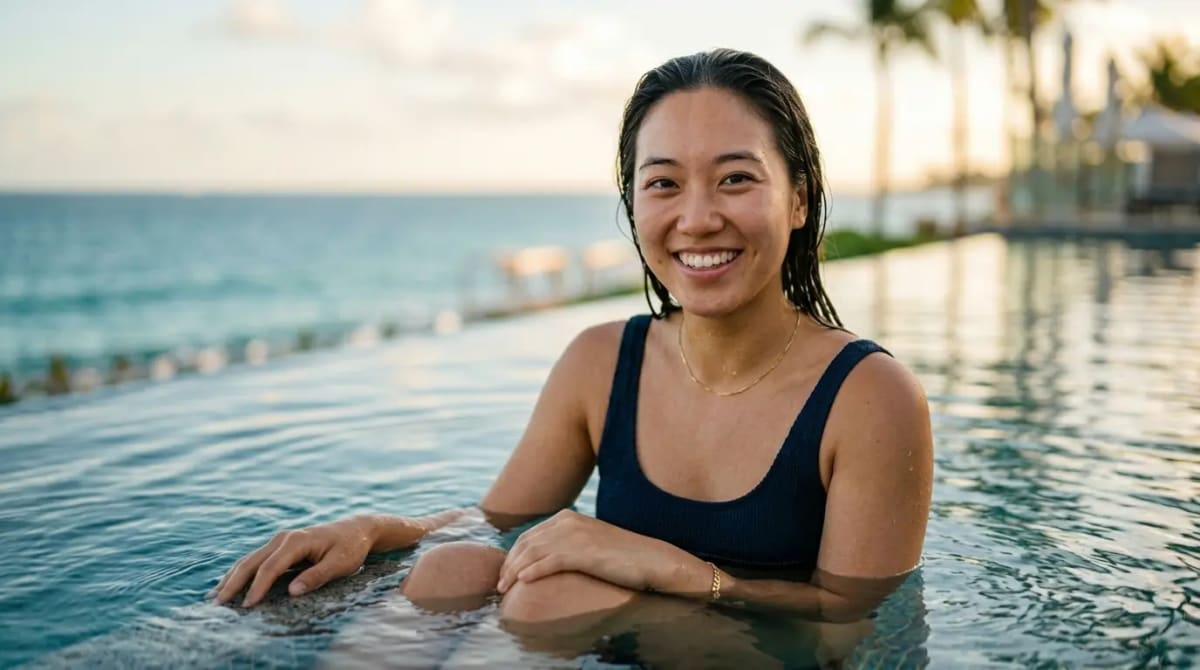 Traveler maximizing Venture X earning rates at luxury resort pool