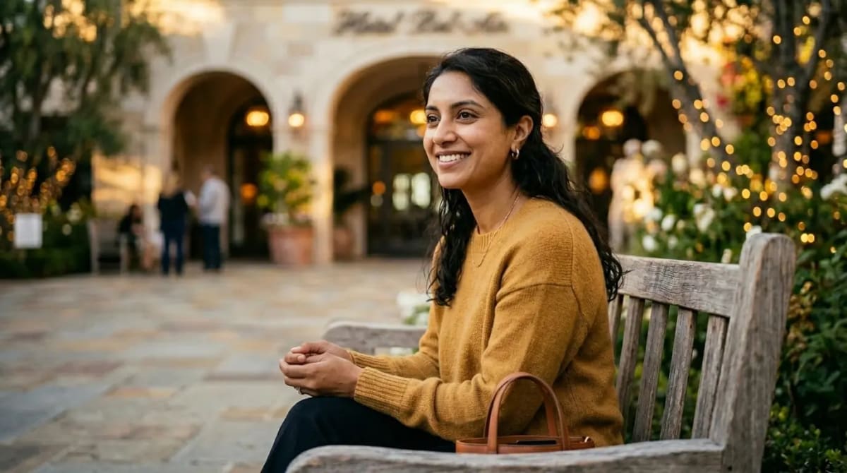 Traveler learning Venture X lounge access outside luxury hotel