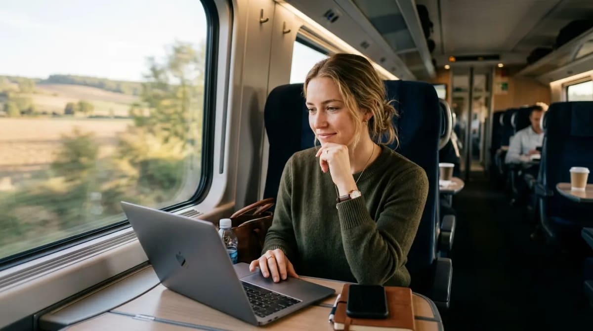 Traveler evaluating Venture X redemptions in high-speed train rail car
