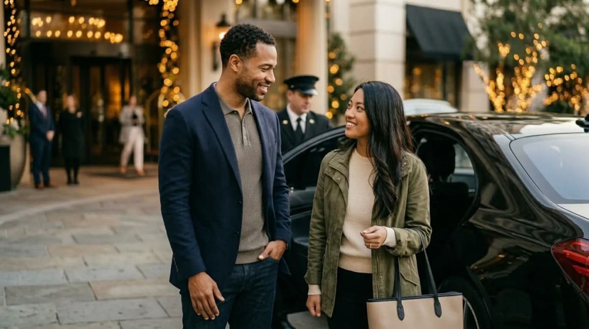 Couple concluding Venture X review via luxury car service arrival