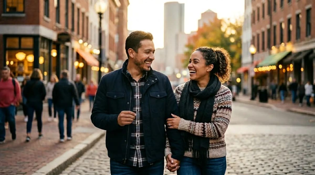 Couple celebrating Venture X welcome bonus on golden-hour city street