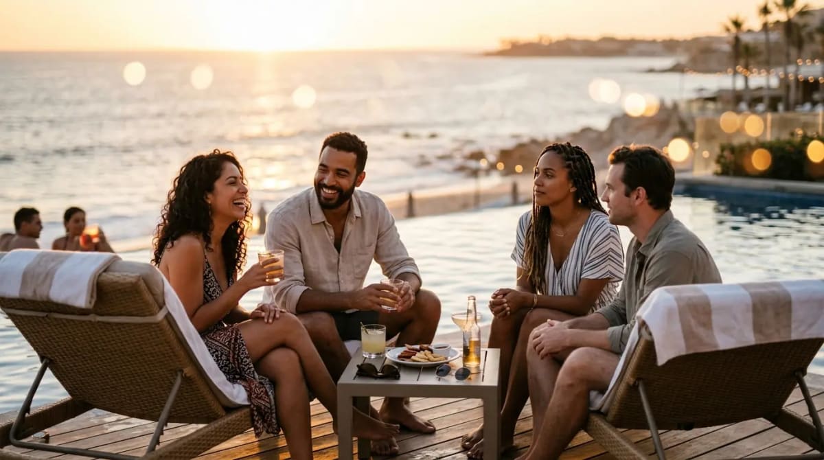 Group discussing Venture X winner matrix at luxury resort pool