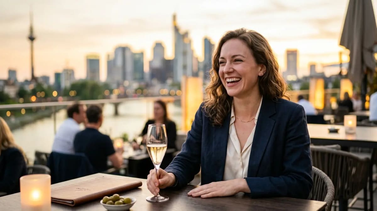 Traveler experiencing instant Platinum status perks at rooftop restaurant