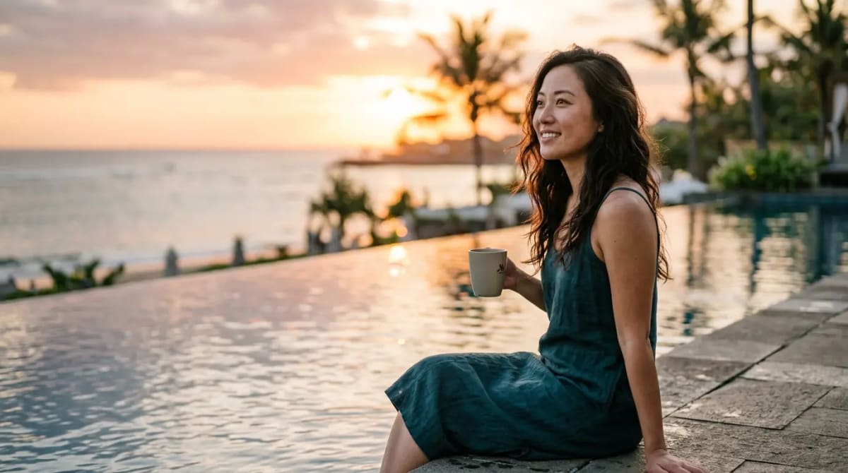Traveler earning Bonvoy points at luxury resort poolside