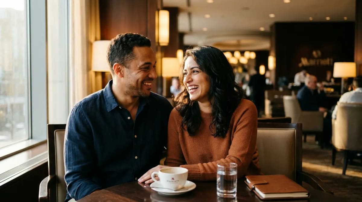 Couple enjoying Platinum Elite lounge benefits at luxury hotel