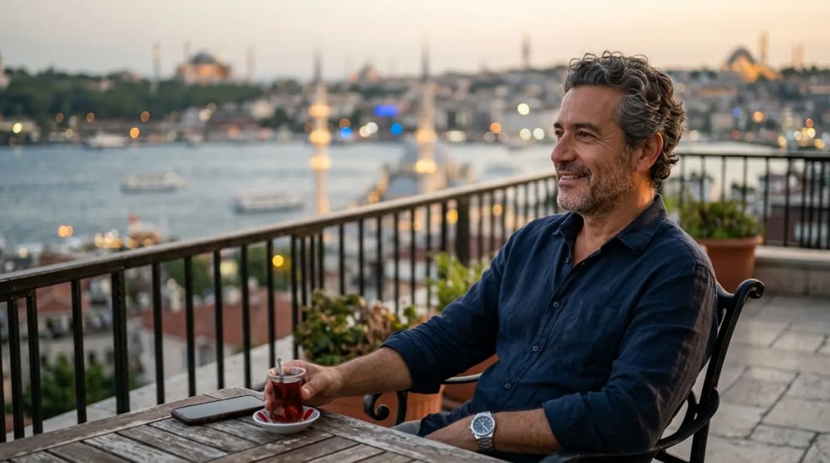 New member enjoying first Marriott Bonvoy hotel balcony stay at golden hour