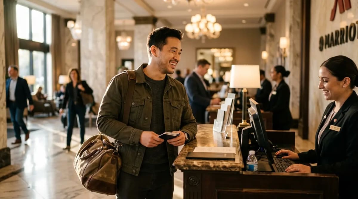 Traveler achieving Marriott Bonvoy Titanium Elite status at five-star hotel lobby