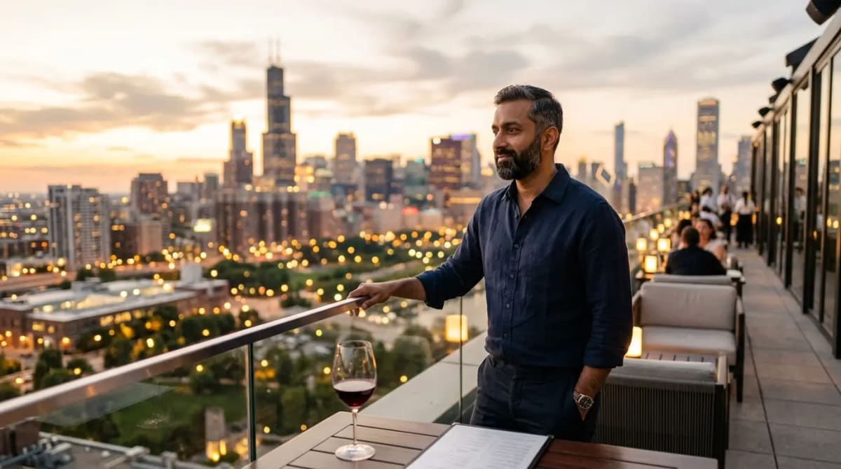 Traveler reflecting on full value of Marriott Bonvoy Titanium Elite status at rooftop